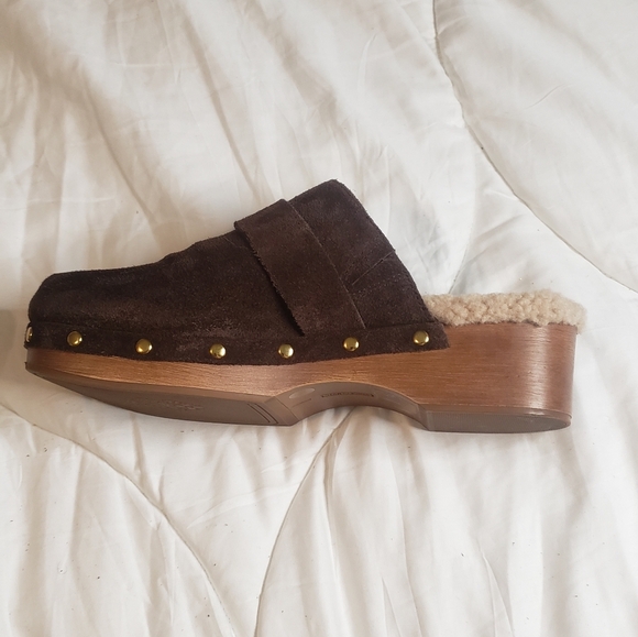Vince Camuto Canzenee Sherpa Women  7.5 Brown Suede Wooden Wedge Heel Clog Shoes - Picture 8 of 16